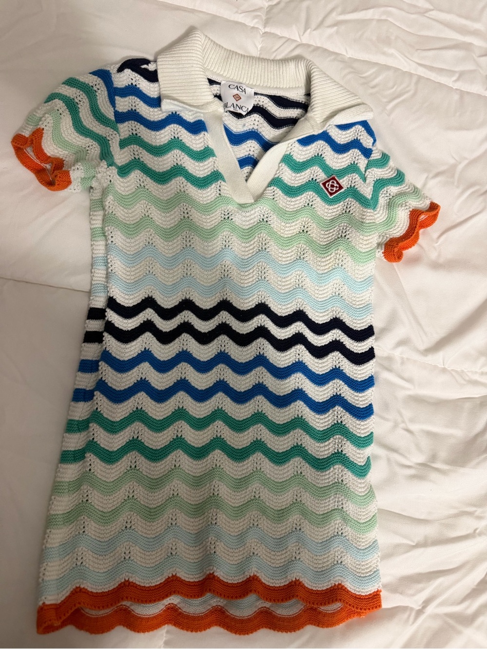 Casa Blanca Girls' Knit Polo Dress in Blue, Green, White with Orange Trim